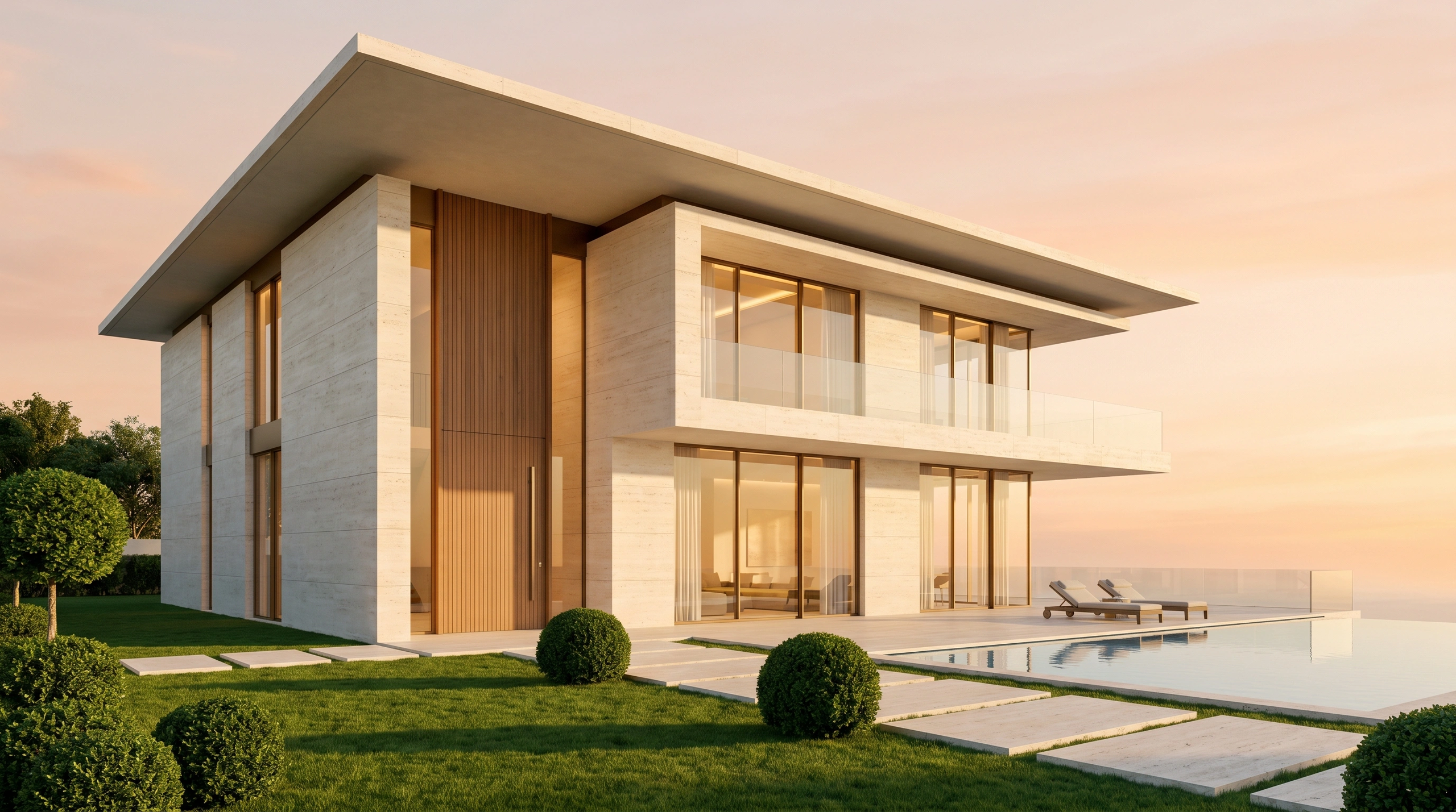 Modern luxury villa with infinity pool at golden hour