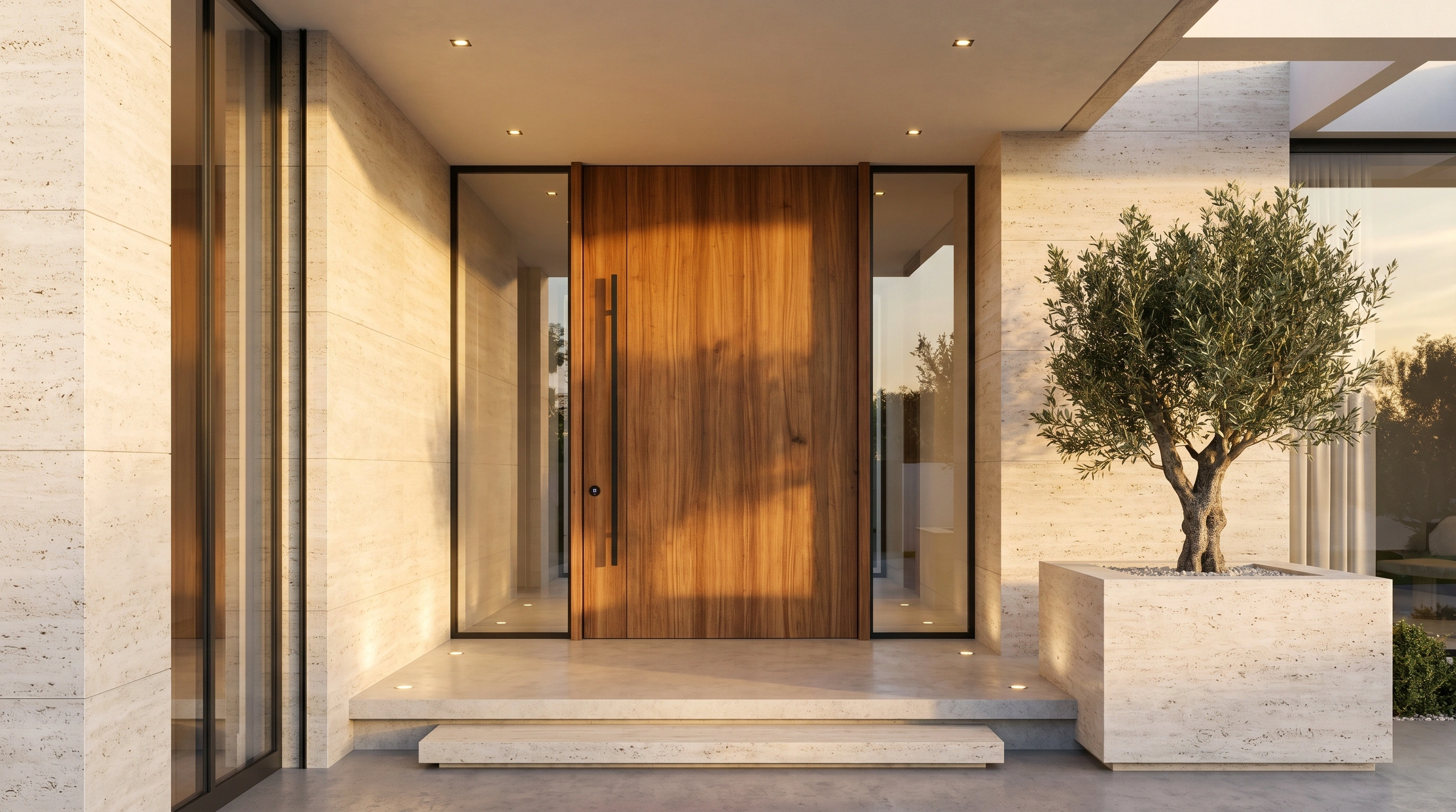 Walnut pivot entry door flanked by travertine and olive tree