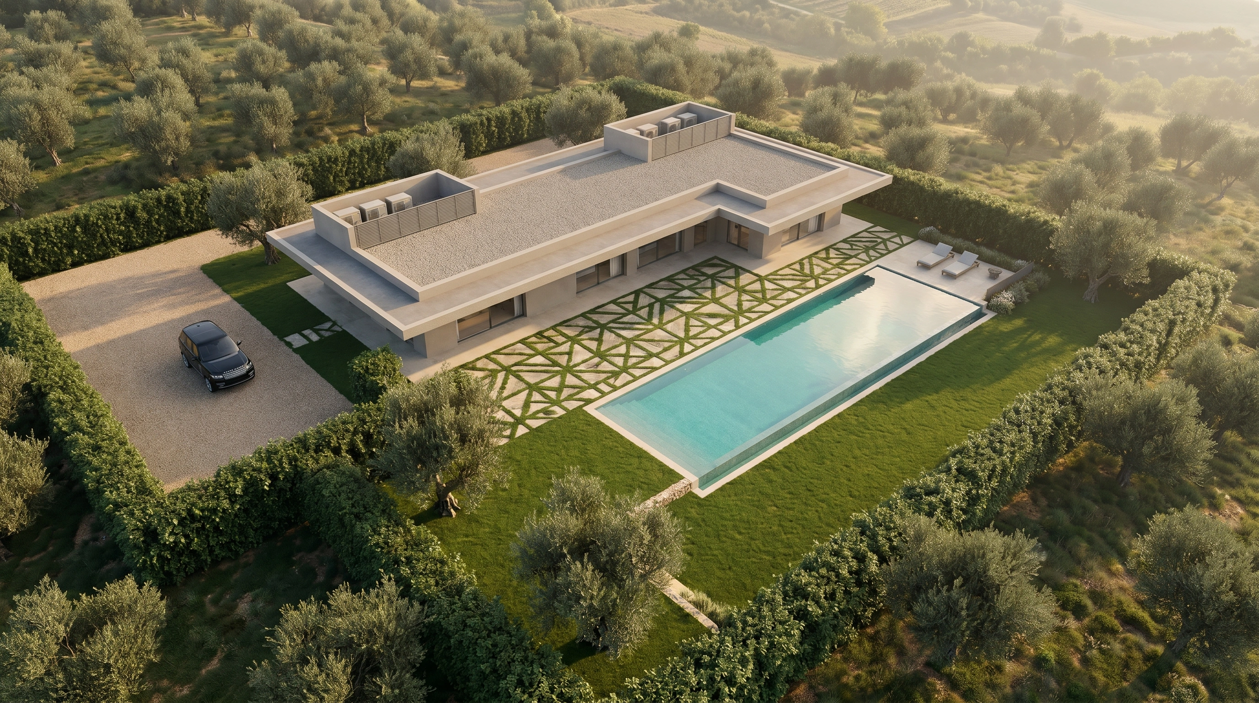 Aerial view of a modern villa with infinity pool surrounded by olive groves