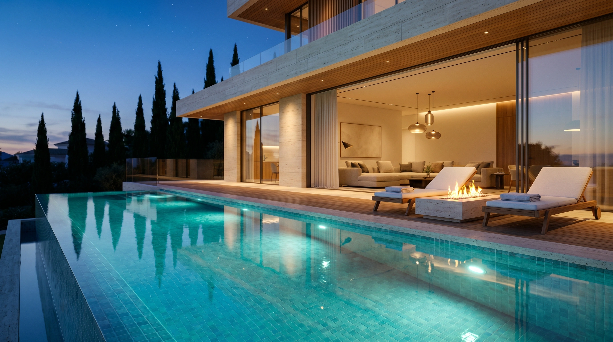 Infinity pool at twilight with firepit loungers and glowing interior