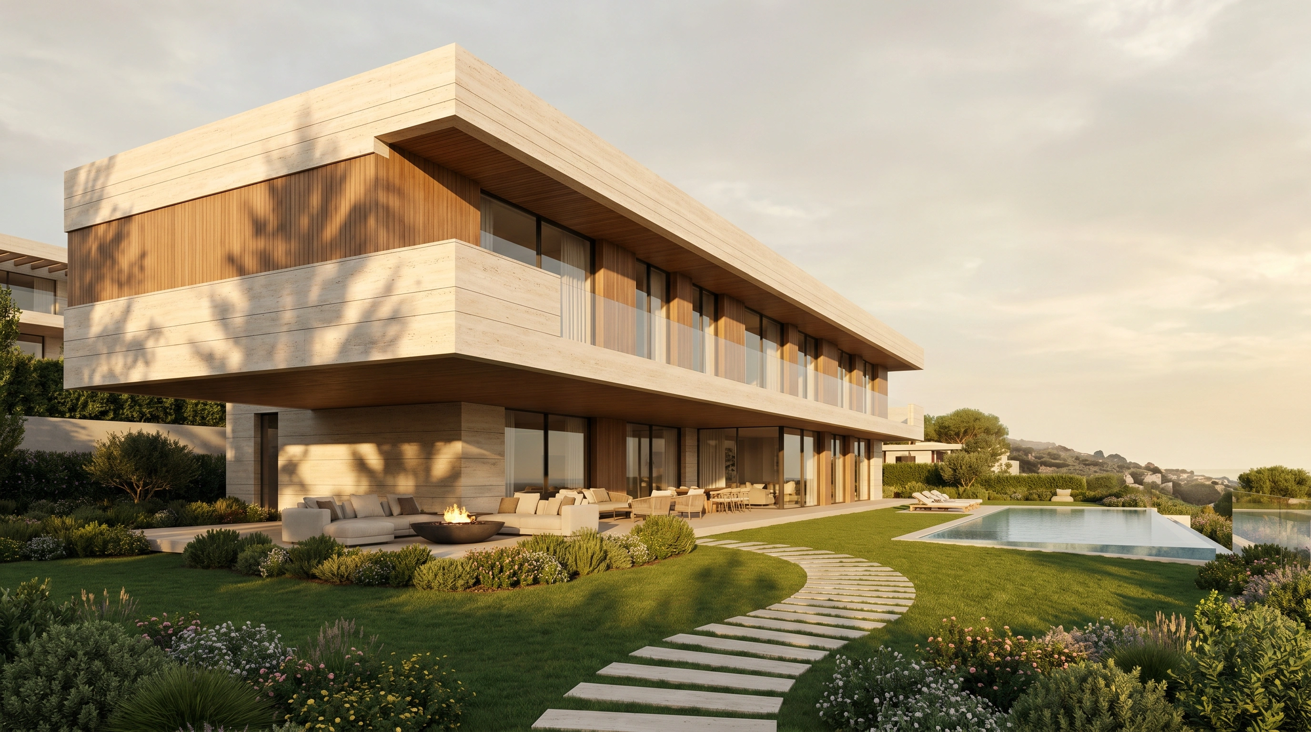 Cantilevered villa volumes clad in travertine and teak at sunset