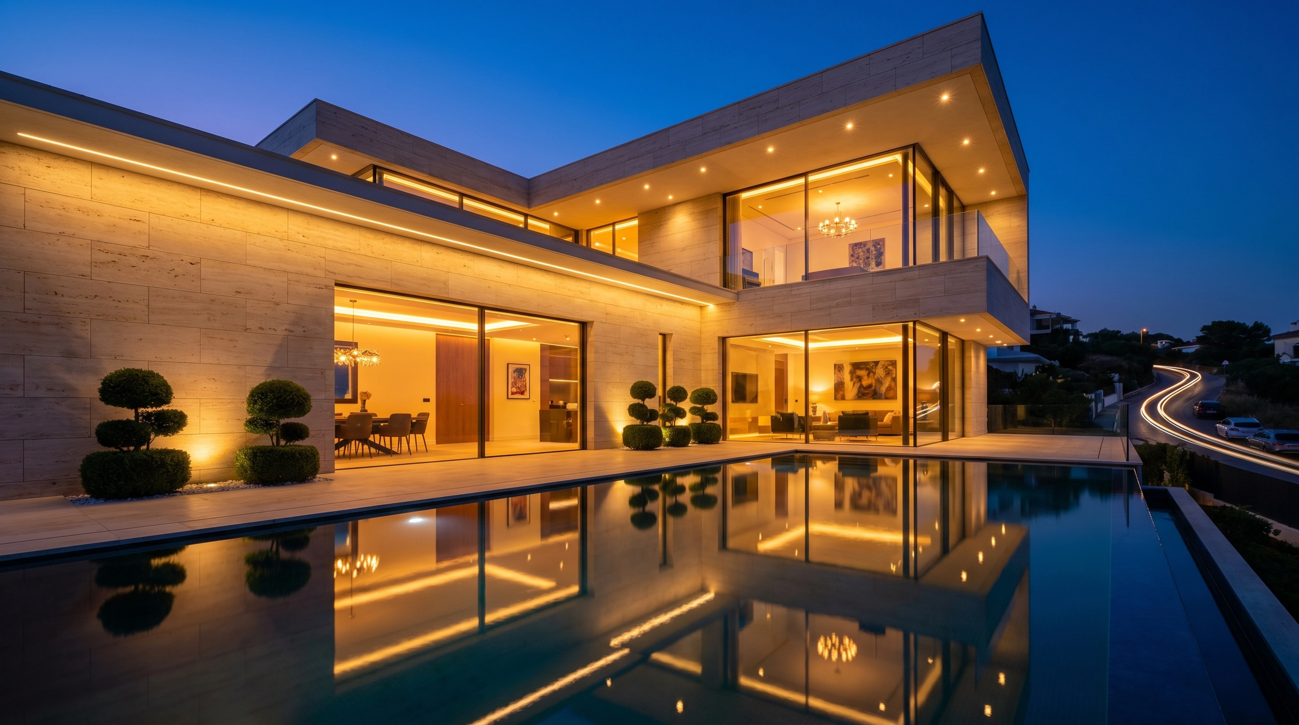 Illuminated modern villa reflected in infinity pool at night