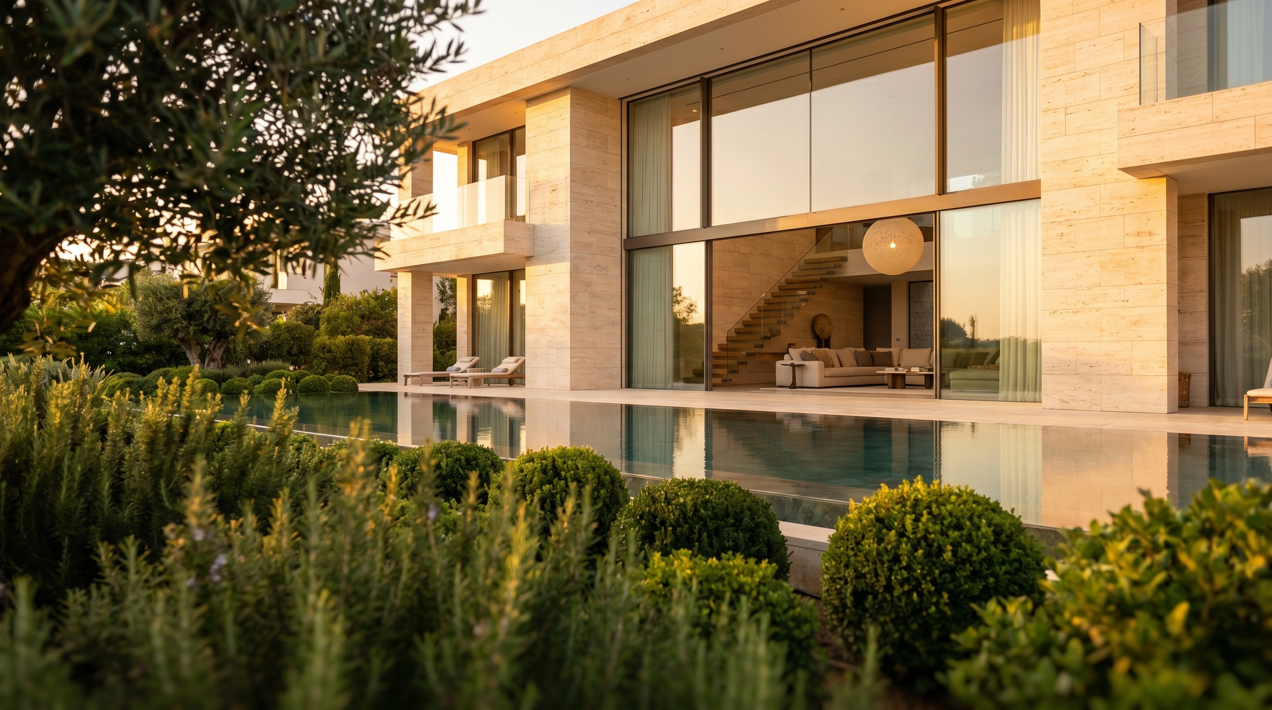 Villa pool framed by rosemary hedges and olive tree at golden hour