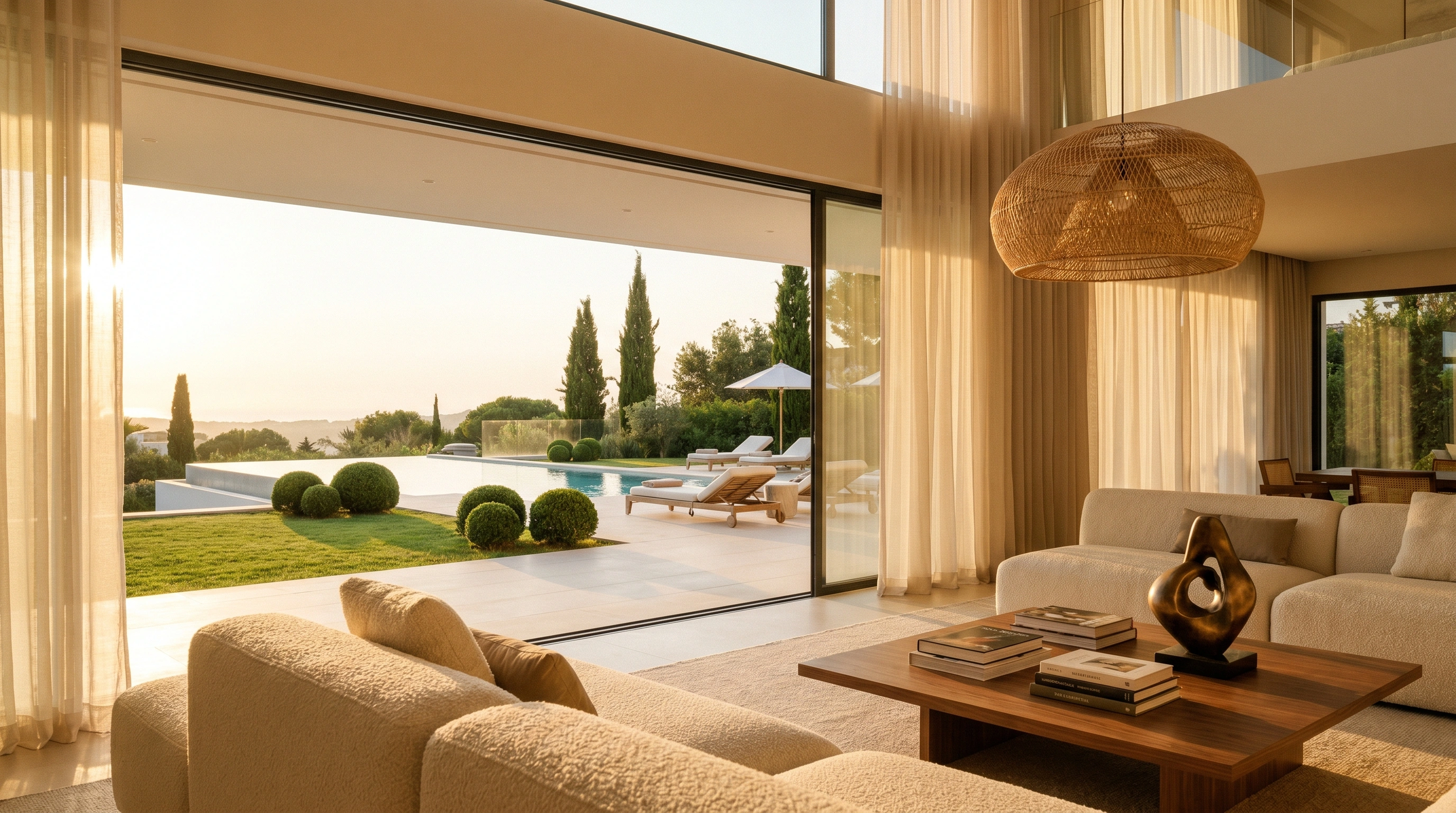 Open-plan living room with pocket doors to infinity pool and horizon