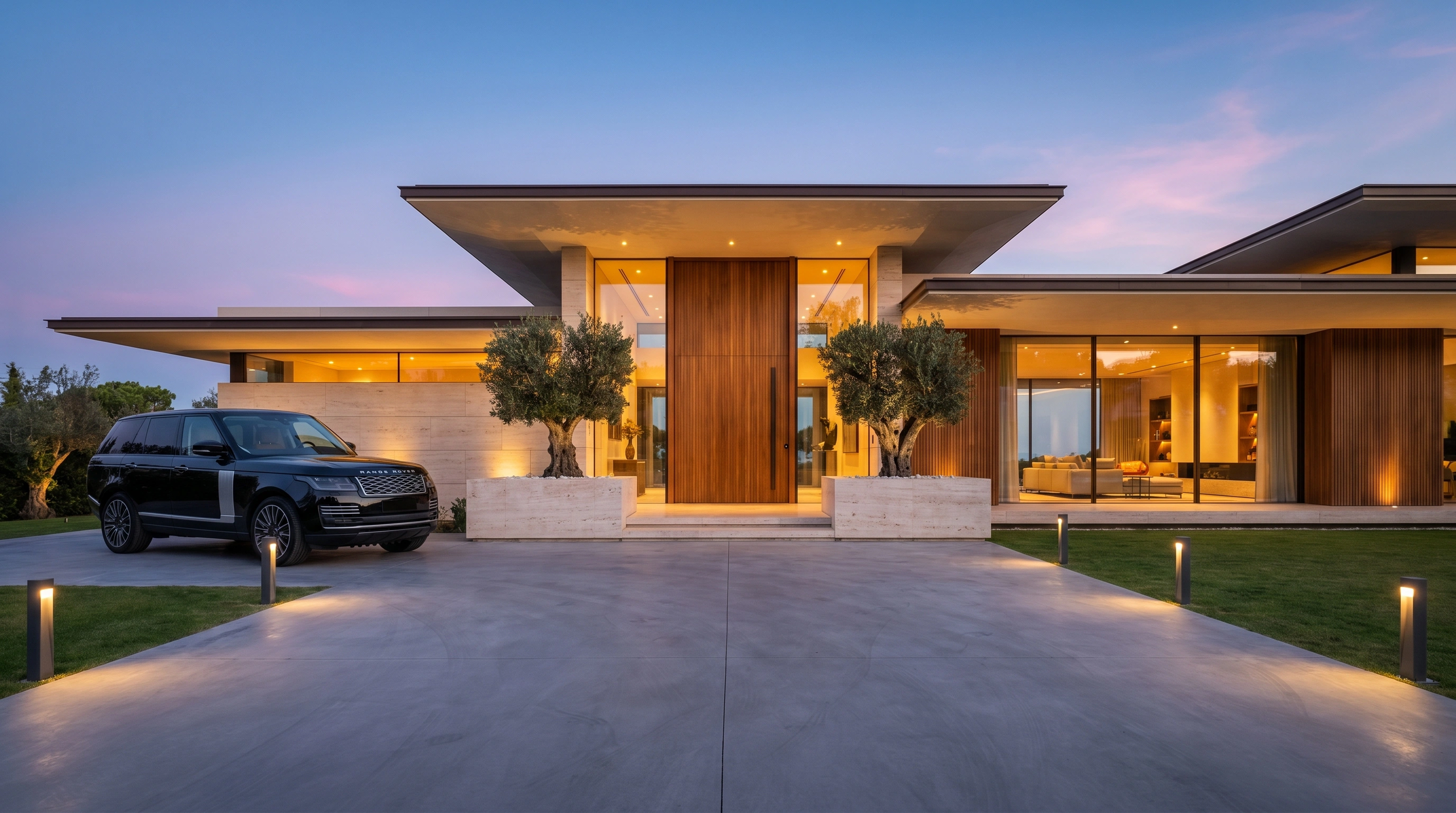 Villa entrance driveway at dusk with Range Rover and olive topiaries