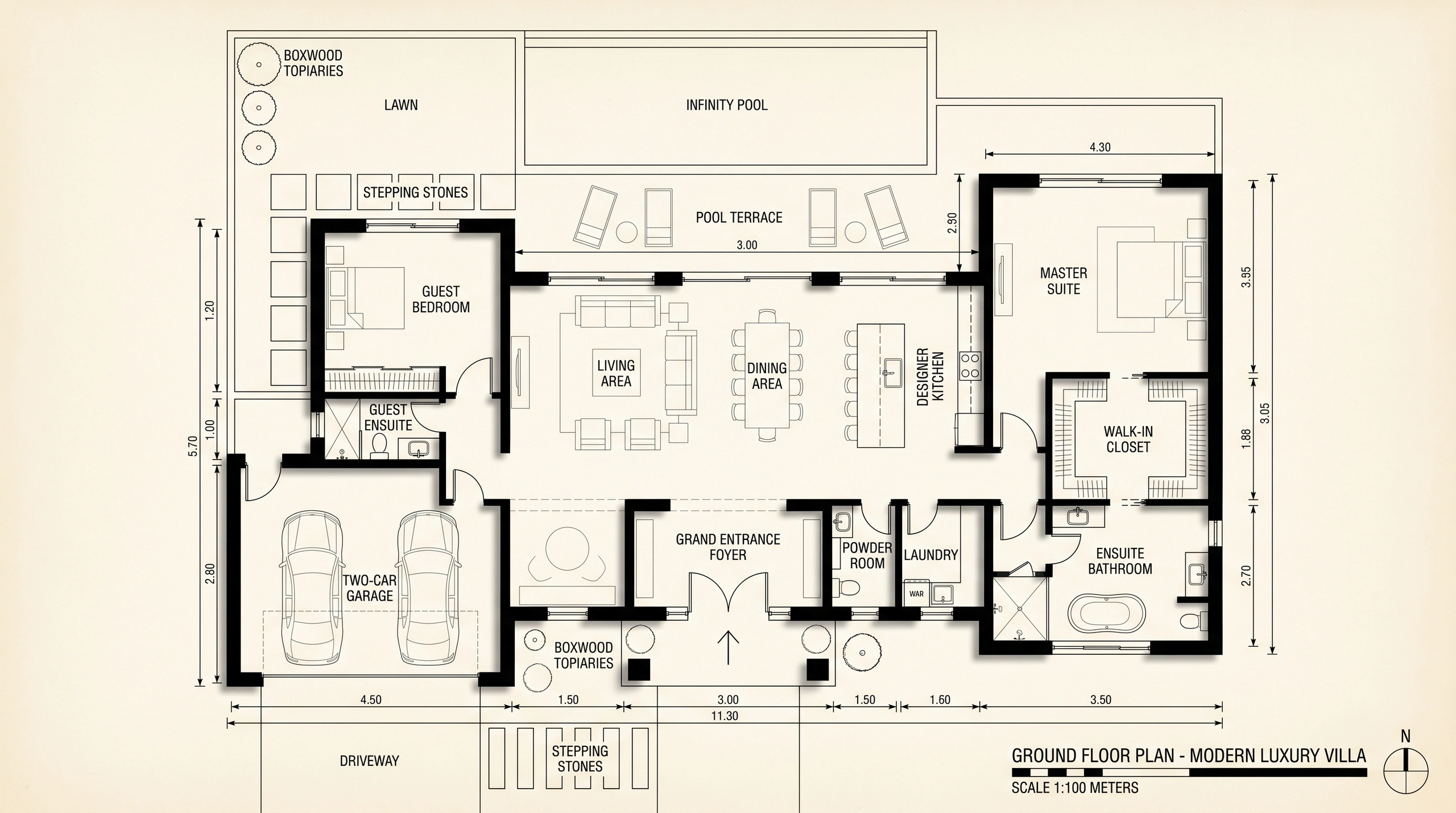 Ground floor plan of a modern luxury villa